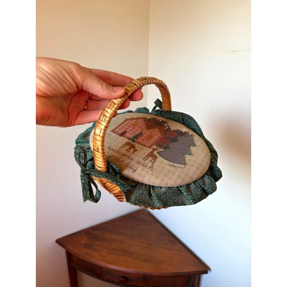 Cabin Wicker Sewing Basket w/ Handle, Fabric Lid 